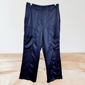 White House Black Market Black Silky Satin‎ Wide Leg Cargo Pants Sz 4 Cocktails